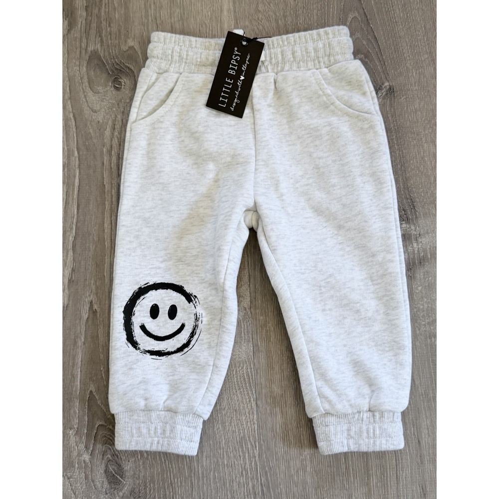 Little Bipsy Jogger Sweatpants 12-18M Smiley Face Gray Neutral Baby Toddler